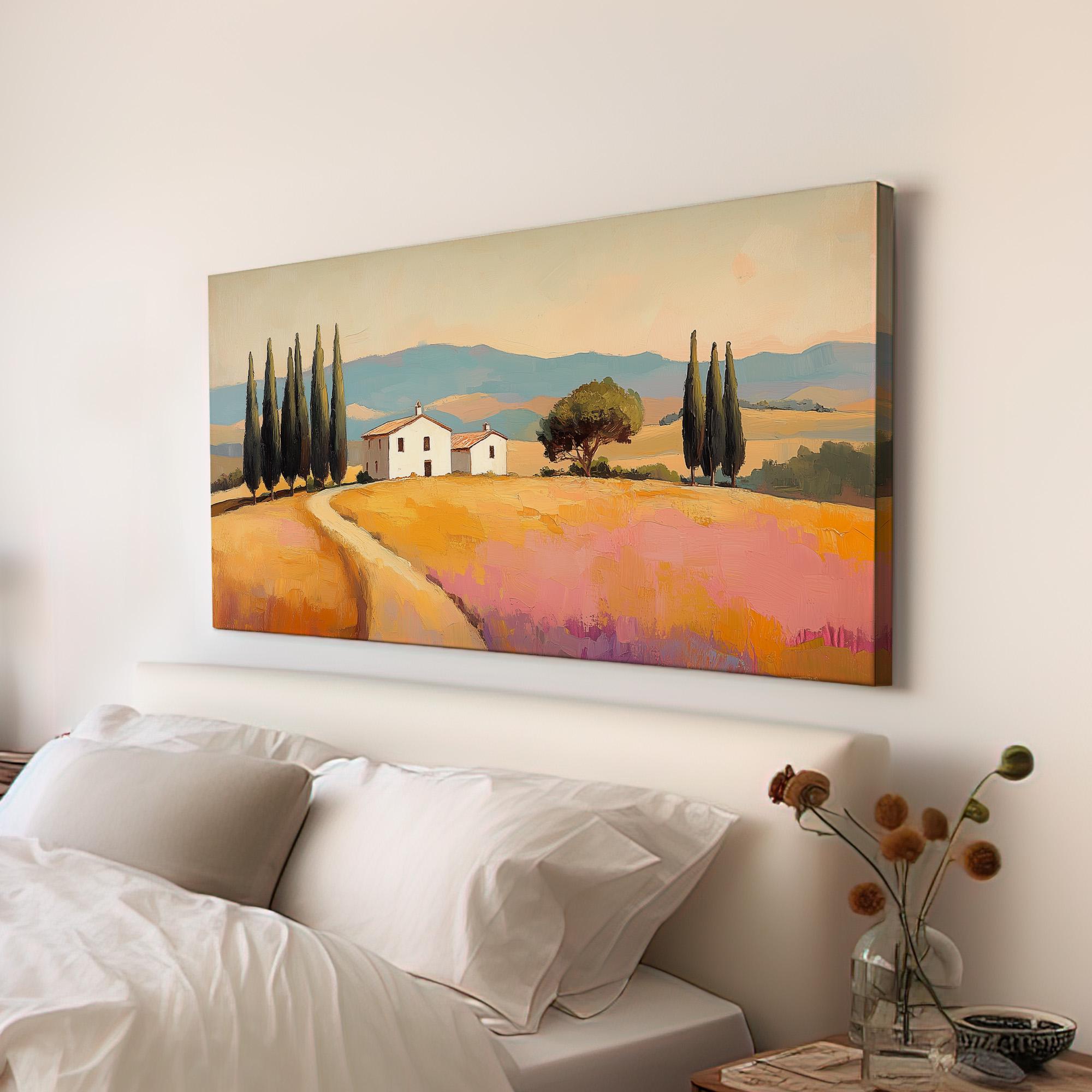 Tuscan Farmhouse Wall Art For Living Room, Horizontal Mediterranean Canvas Print, Tuscany Fields Decor Canvas Art