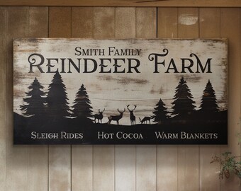May include: A rustic wooden sign with the text "Smith Family Reindeer Farm" in black lettering. The sign features a silhouette of a forest with reindeer and the words "Sleigh Rides", "Hot Cocoa", and "Warm Blankets".