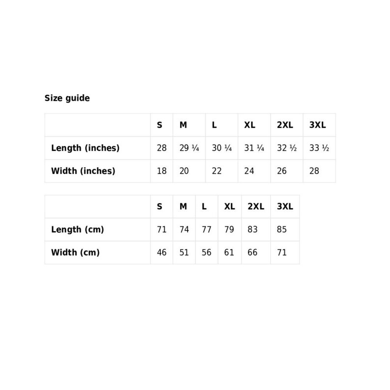 May include: Size guide chart for clothing with measurements in inches and centimeters. The chart shows sizes S, M, L, XL, 2XL, and 3XL with corresponding length and width measurements.