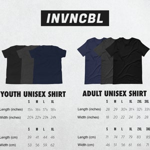 May include: Size chart for youth and adult unisex shirts. The chart shows measurements in inches and centimeters for different sizes, including S, M, L, XL, 2XL, and 3XL. The chart is displayed against a white background with a black title.