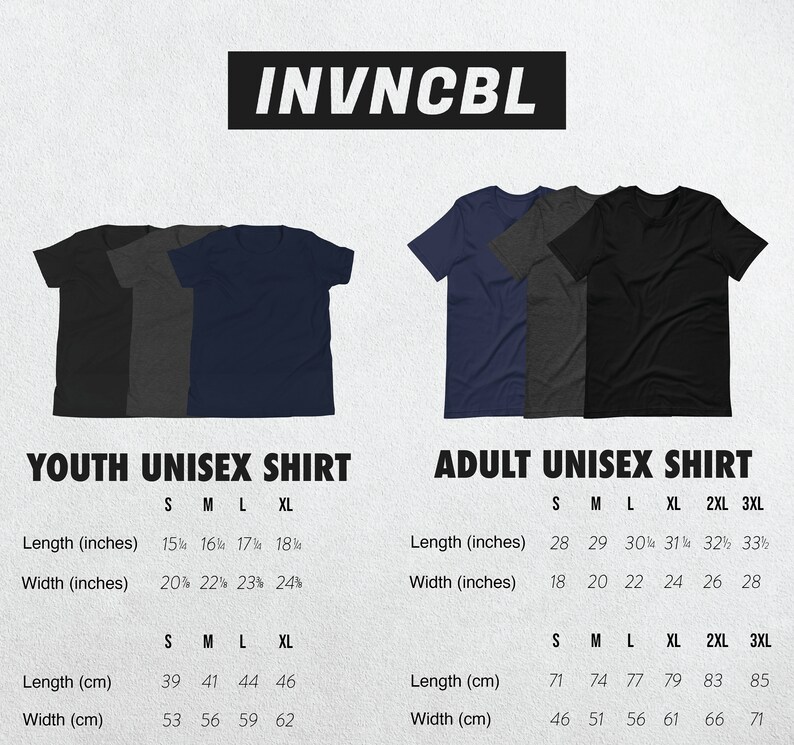 May include: Size chart for youth and adult unisex shirts. The chart shows measurements in inches and centimeters for different sizes, including S, M, L, XL, 2XL, and 3XL. The chart is displayed against a white background with a black title.