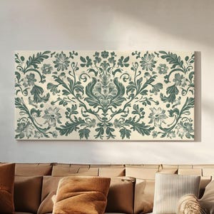 May include: A vintage-style damask pattern in shades of green and cream. The pattern features intricate floral designs and swirling lines.
