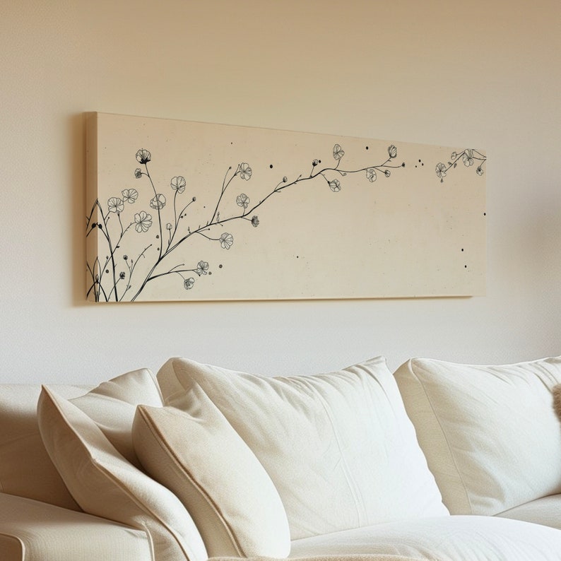 Beige Line Art Branch Above Bed Wall Art Illustration, Panoramic ...