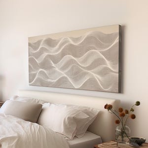 Veil of Waves Wall Art Above Couch, Horizontal Beige and White Canvas Print, Earthy Tones Decor Canvas Art