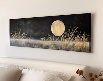 Full Moon above the Wildflower Field Above Bed Wall Art Midnight, Panoramic Nature Canvas Print, Gold and Black Long Horizontal Canvas Art