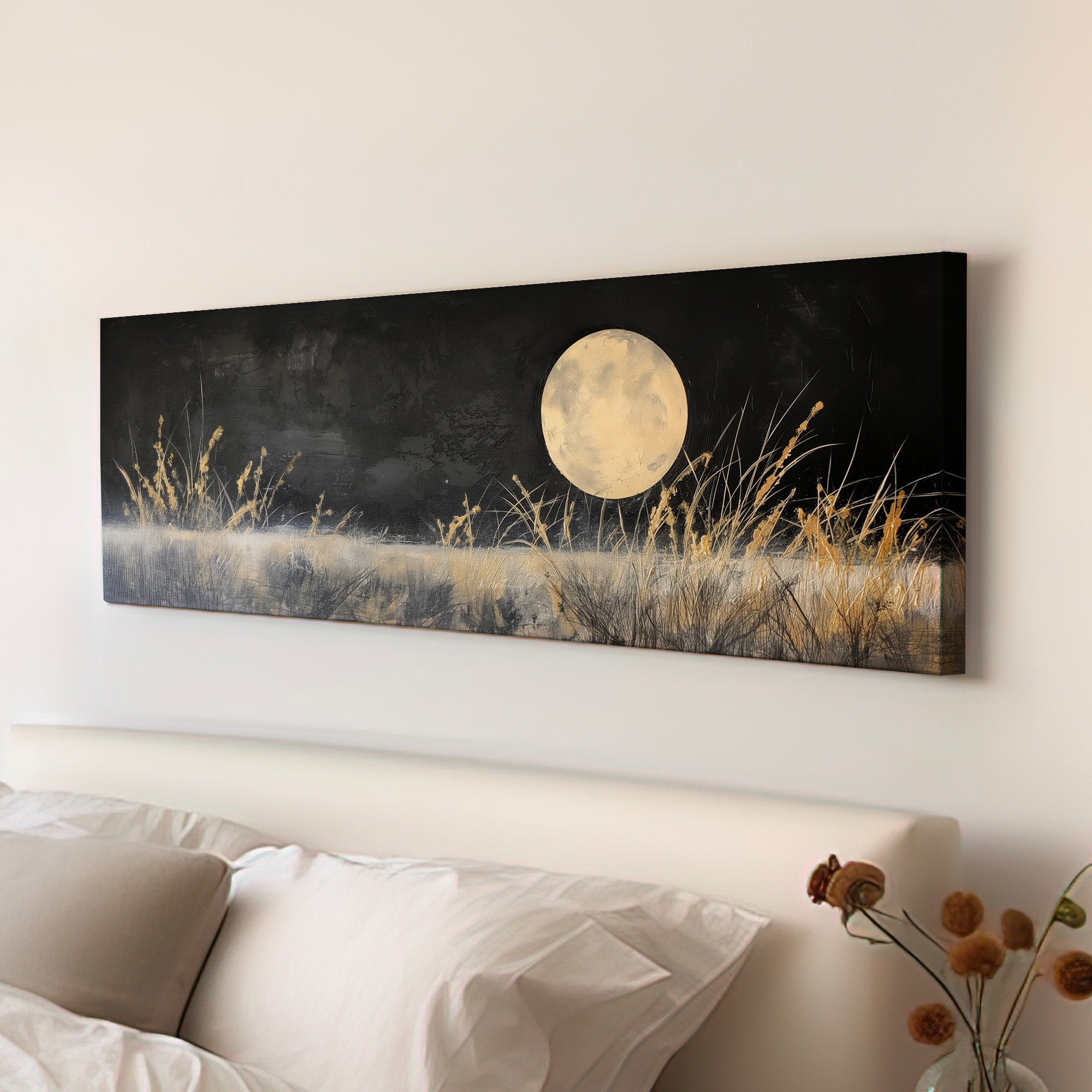 Full Moon above the Wildflower Field Above Bed Wall Art Midnight, Panoramic Nature Canvas Print, Gold and Black Long Horizontal Canvas Art