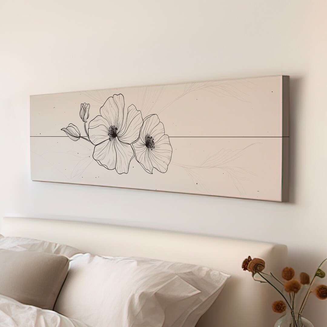 Folral Line Art Above Bed Wall Art Illustration, Panoramic Minimal ...