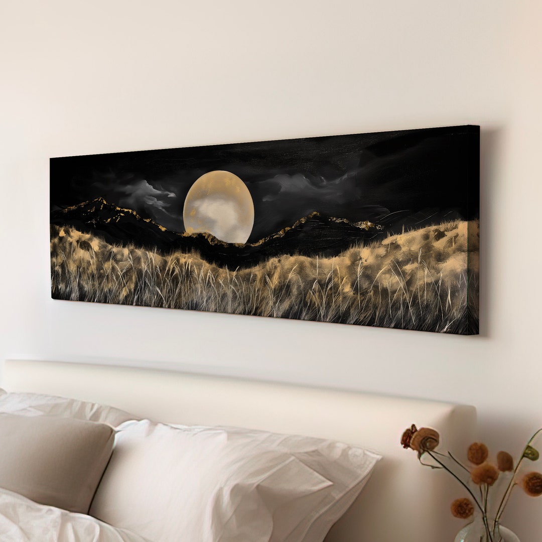Full Moon Above the Wildflowers Above Bed Wall Art Midnight, Panoramic ...