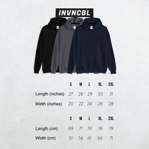 May include: Size chart for a hoodie in black, gray, and navy blue. The chart shows measurements in inches and centimeters for sizes small, medium, large, extra large, and extra extra large.