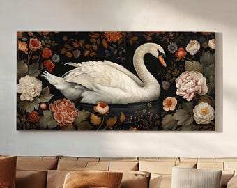 Swan Canvas Print: Floral Antique Farmhouse Wall Art