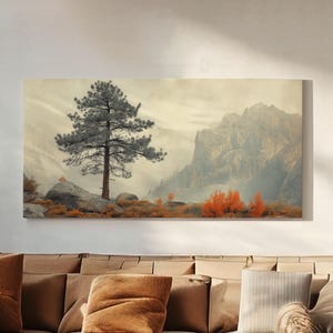 Lone Pine Tree At the Edge of the Mountain Canvas Wall Art For Living Room, Landscape Cozy Autumn Canvas Print, Rustic Fall Large Canvas Art