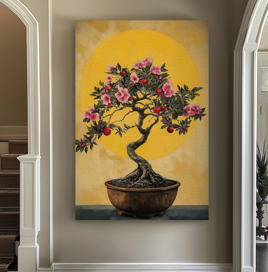 Bonsai Cherry Tree Vertical Wall Art Japanese, Decor Botanical