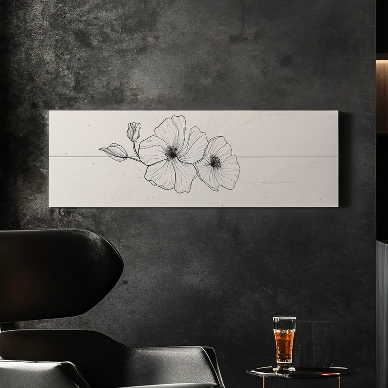 Folral Line Art Above Bed Wall Art Illustration, Panoramic Minimal ...