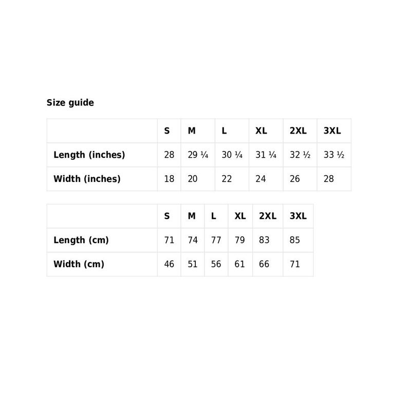 May include: Size guide chart for clothing with measurements in inches and centimeters. The chart shows sizes S, M, L, XL, 2XL, and 3XL with corresponding length and width measurements.