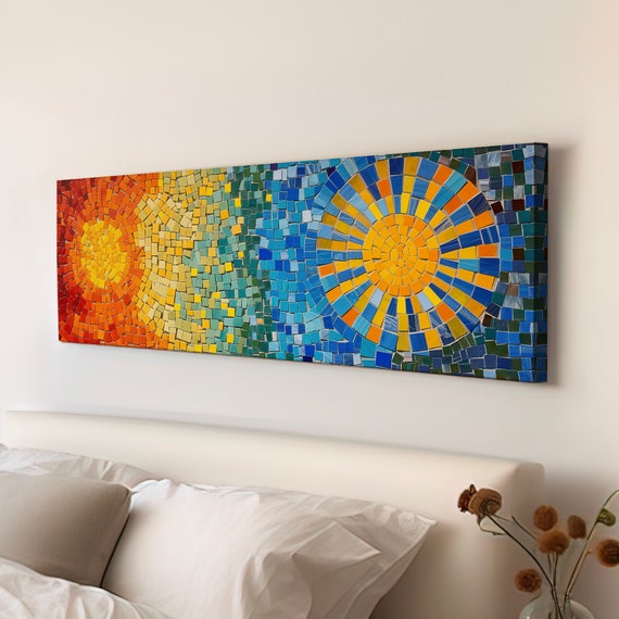 Mosaic Sun Long Horizontal Wall Art for Bedroom, Panoramic