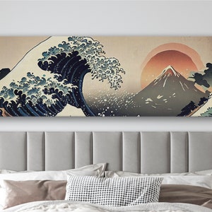 Japanese Landscape Wall Art, Tidal Waves Framed Panoramic Wall Art, Vintage Panorama Canvas Print