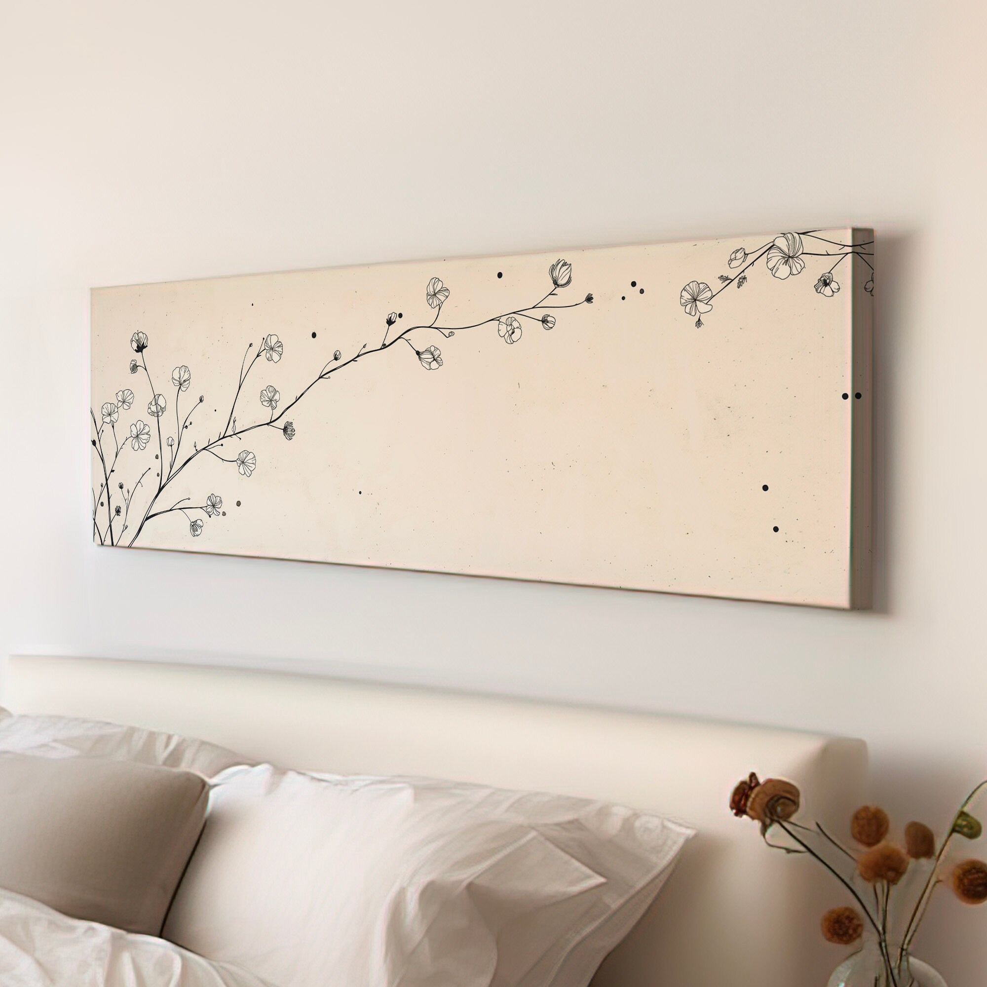 Beige Line Art Branch Above Bed Wall Art Illustration, Panoramic ...