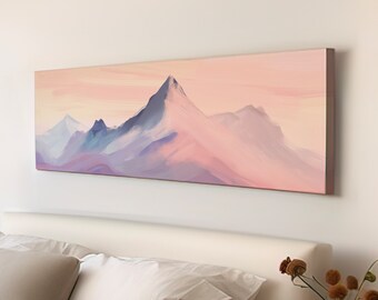 Pink Mountain Landscape Above Bed Wall Art Sunset, Panoramic Nature Canvas Print, Abstract Long Horizontal Canvas Art