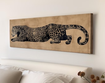 Leopard Minimal Panoramic Wall Art Aesthetic, Panorama Cheetah Canvas Print, Wildlife Decor Canvas Art