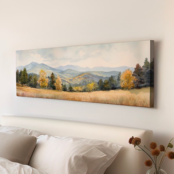 Paisaje de montaña sobre la cama, arte de pared, prado primaveral, impresión panorámica en lienzo, arte vintage de lienzo horizontal alargado.