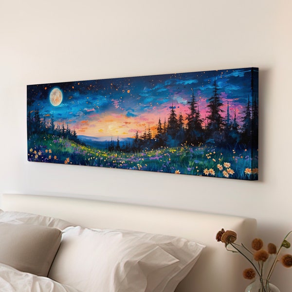Wildblumenfeld am Wald über dem Bett Wandkunst Vollmond, Panorama Natur Leinwanddruck, mystische lange horizontale Leinwandkunst