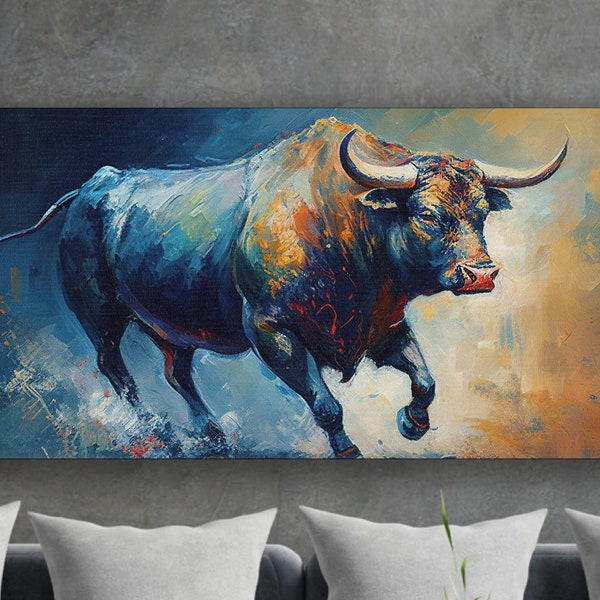 Bull Landscape Canvas Print, Raging Bull Painting Framed Wall Art, Abstract Wrapped Canvas Wall Art