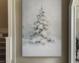 Snowy Pine Tree Vertical Wall Art Christmas, Decor Winter Canvas Print, Farmhouse Big Canvas Art