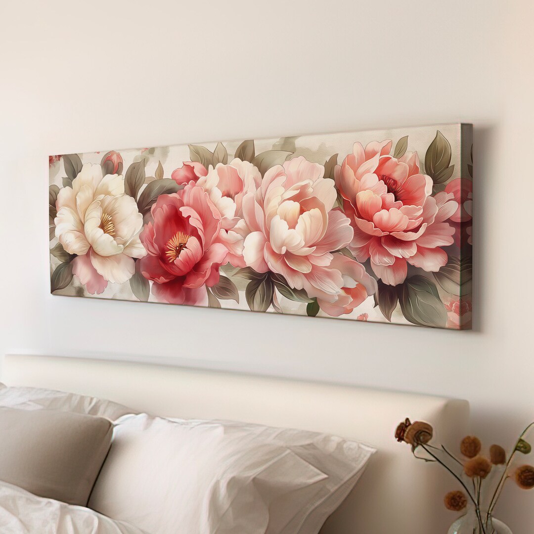 Peony Watercolor Above Bed Wall Art Baroque Bouquet, Panoramic Floral ...