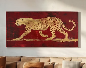 May include: A gold cheetah silhouette on a red background. The cheetah is walking to the right and has a spotted pattern. The background is a deep red with a textured look.