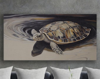 Wild Animal Landscape Canvas Print, Turtle In The Pond Framed Wall Art, Turtle Wrapped Canvas Wall Art