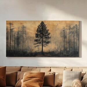 Tall Pine Tree Canvas Wall Art For Living Room, Landscape Cozy Autumn Canvas Print, Rustic Fall Large Canvas Art