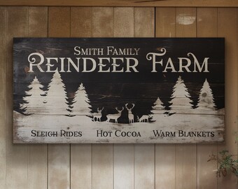 May include: A black wooden sign with white text that reads "Smith Family Reindeer Farm". The sign has a winter scene with white silhouettes of trees and reindeer. The bottom of the sign reads "Sleigh Rides, Hot Cocoa, Warm Blankets".
