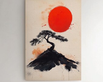 Bonsai on Mountain Vertical Wall Art Japanese, Decor Botanical