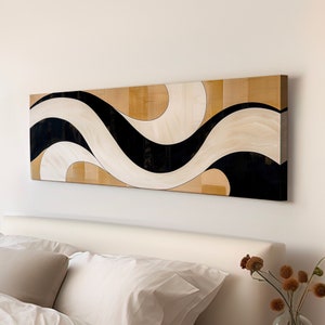 Mid Century Boho Long Horizontal Wall Art For Living Room, Panoramic Abstract Waves Canvas Print, Neutral Decor Canvas Art