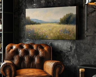 穏やかな草原の風景画キャンバスアート | インパスト印象派プリント