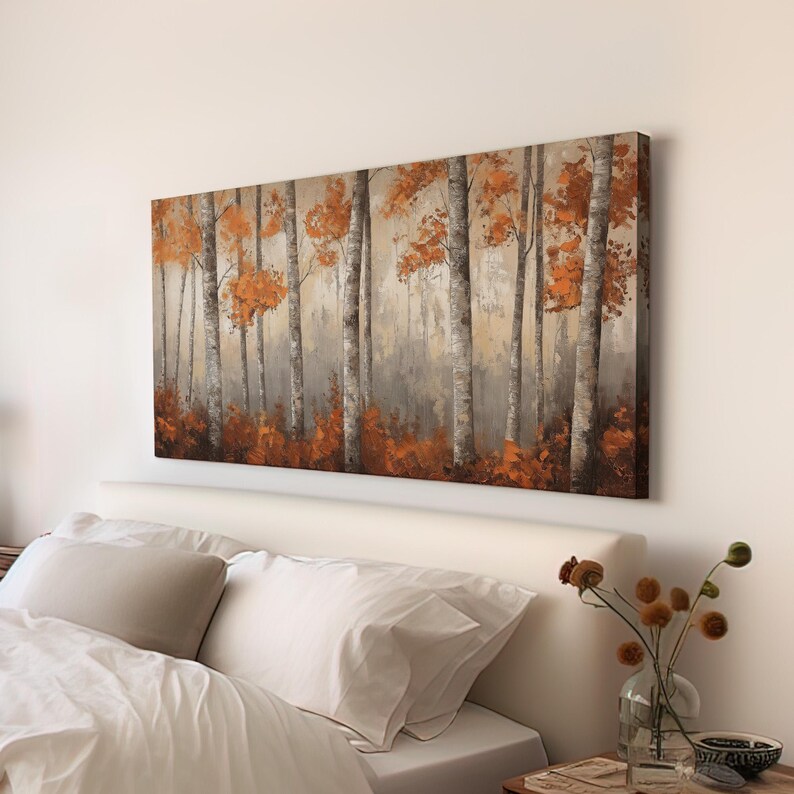 Copper Birch Trees Canvas Wall Art for Living Room, Landscape Cozy