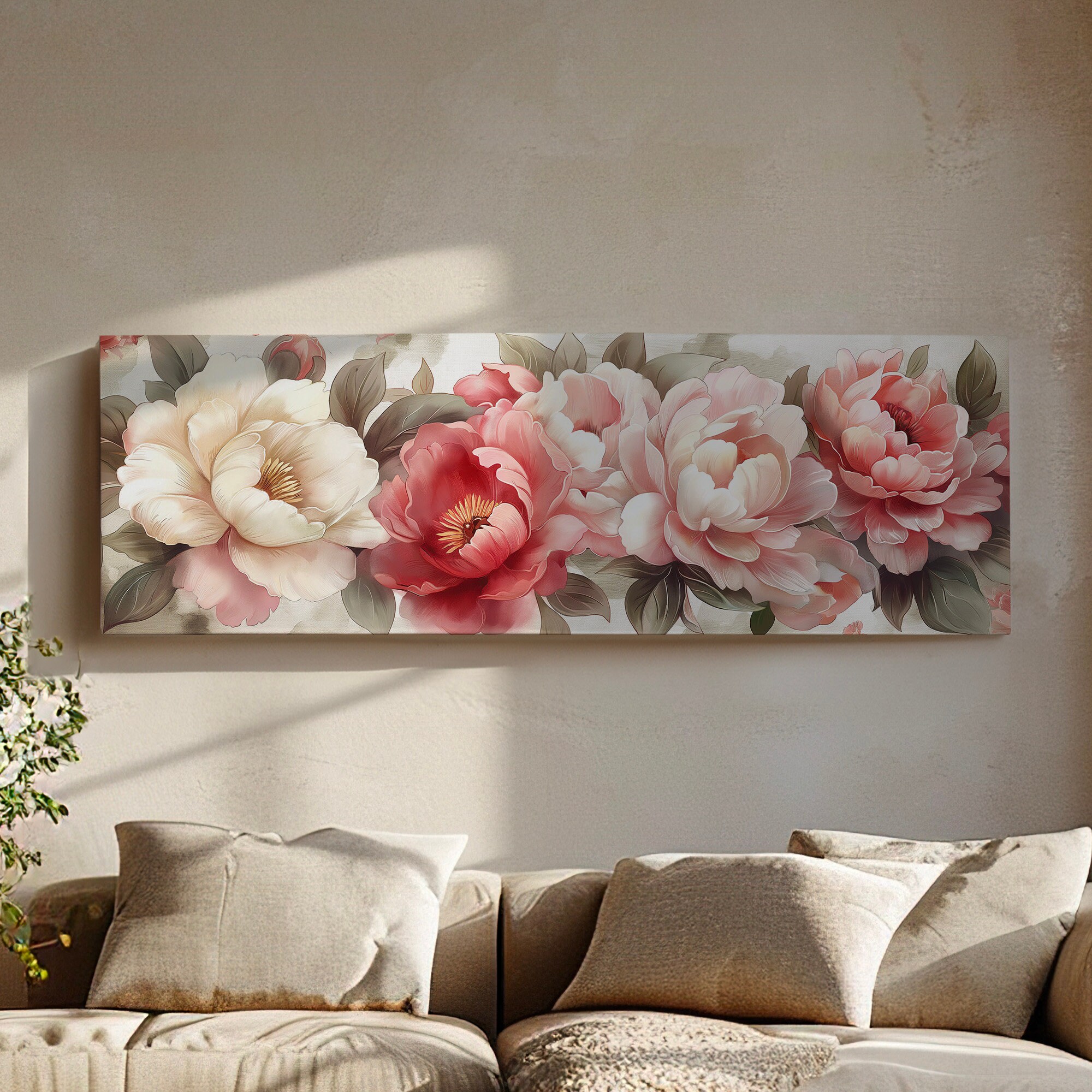 Peony Watercolor Above Bed Wall Art Baroque Bouquet, Panoramic Floral ...