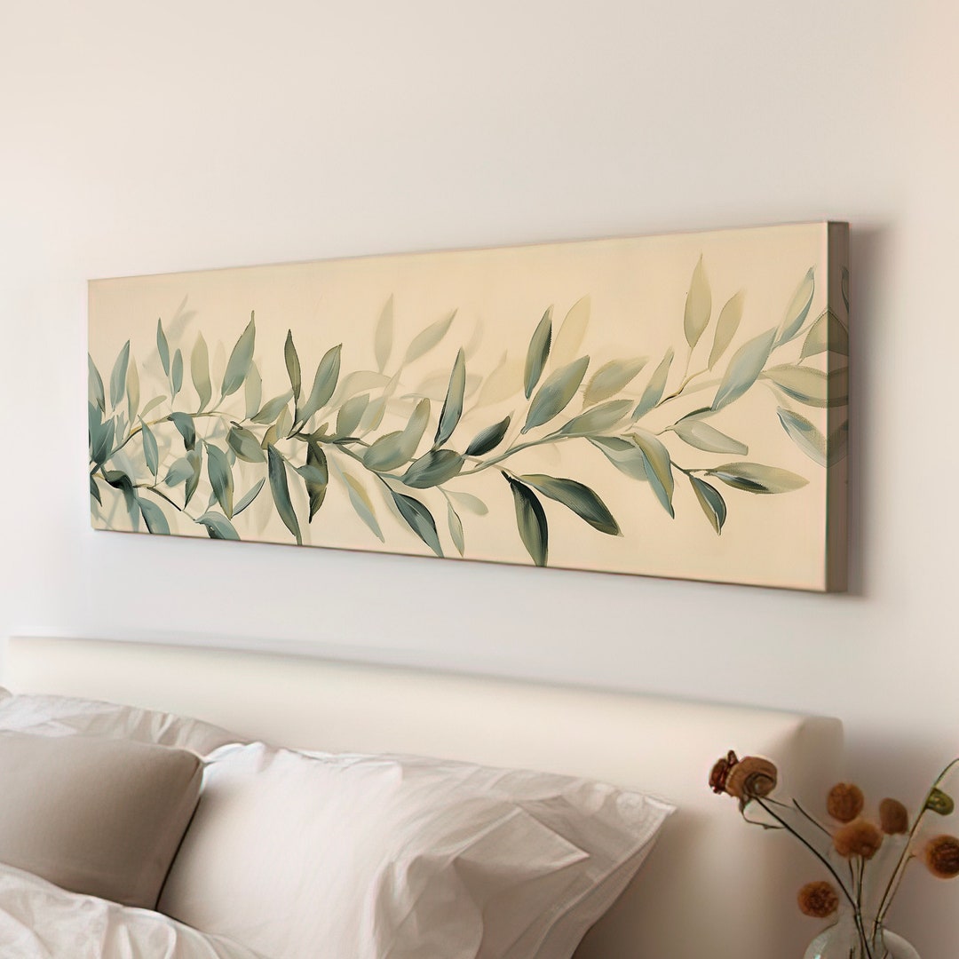 Eucalyptus Branch Above Bed Wall Art Still Life, Panoramic Botanical ...