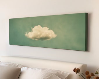 May include: A long, horizontal canvas print featuring a single white cloud against a muted green background.