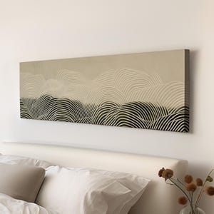 Neutral Line Landscape Panoramic Art Above Bed, Canvas Wavy Abstract Wall Art Print, Soft Earth Tones Decor Canvas Art