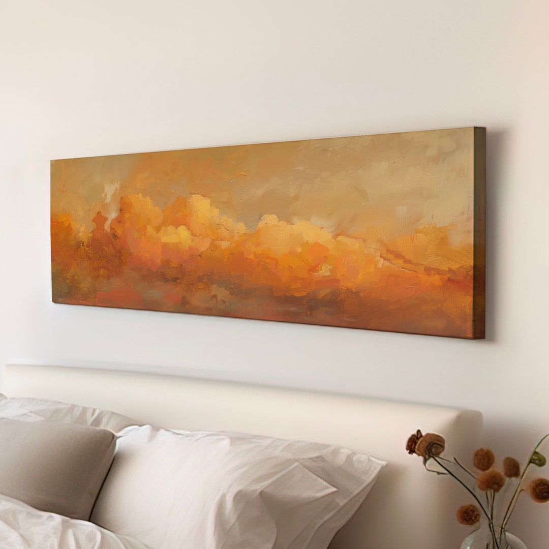 Moody Cloud Long Horizontal Wall Art for Living Room, Panoramic Volcano