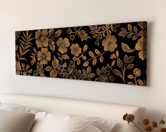 Bronze Botanical Floral Above Bed Wall Art Farmhouse, Panoramic Tapestry Canvas Print, Vintage Long Horizontal Canvas Art