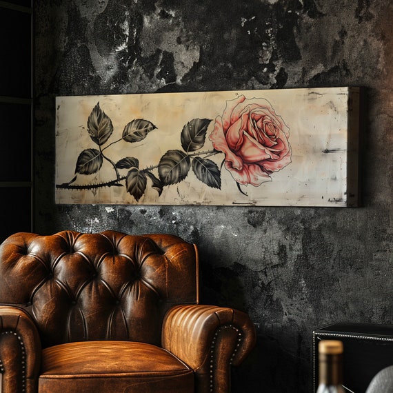 Vintage Pink Rose Long Horizontal Wall Art for Guestroom