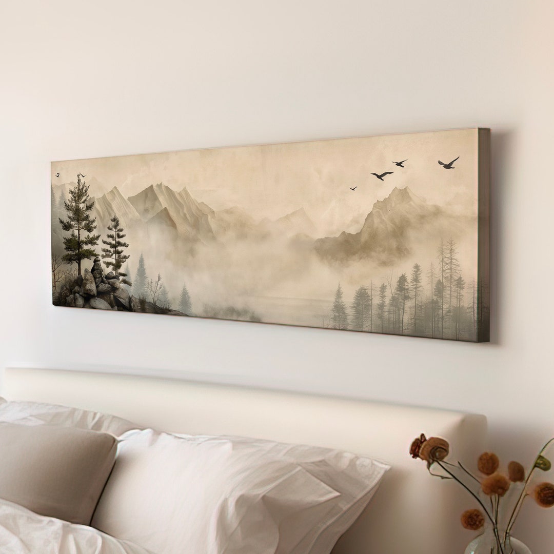 Forest Life Above Bed Wall Art Spring Meadow, Panoramic Mountain ...