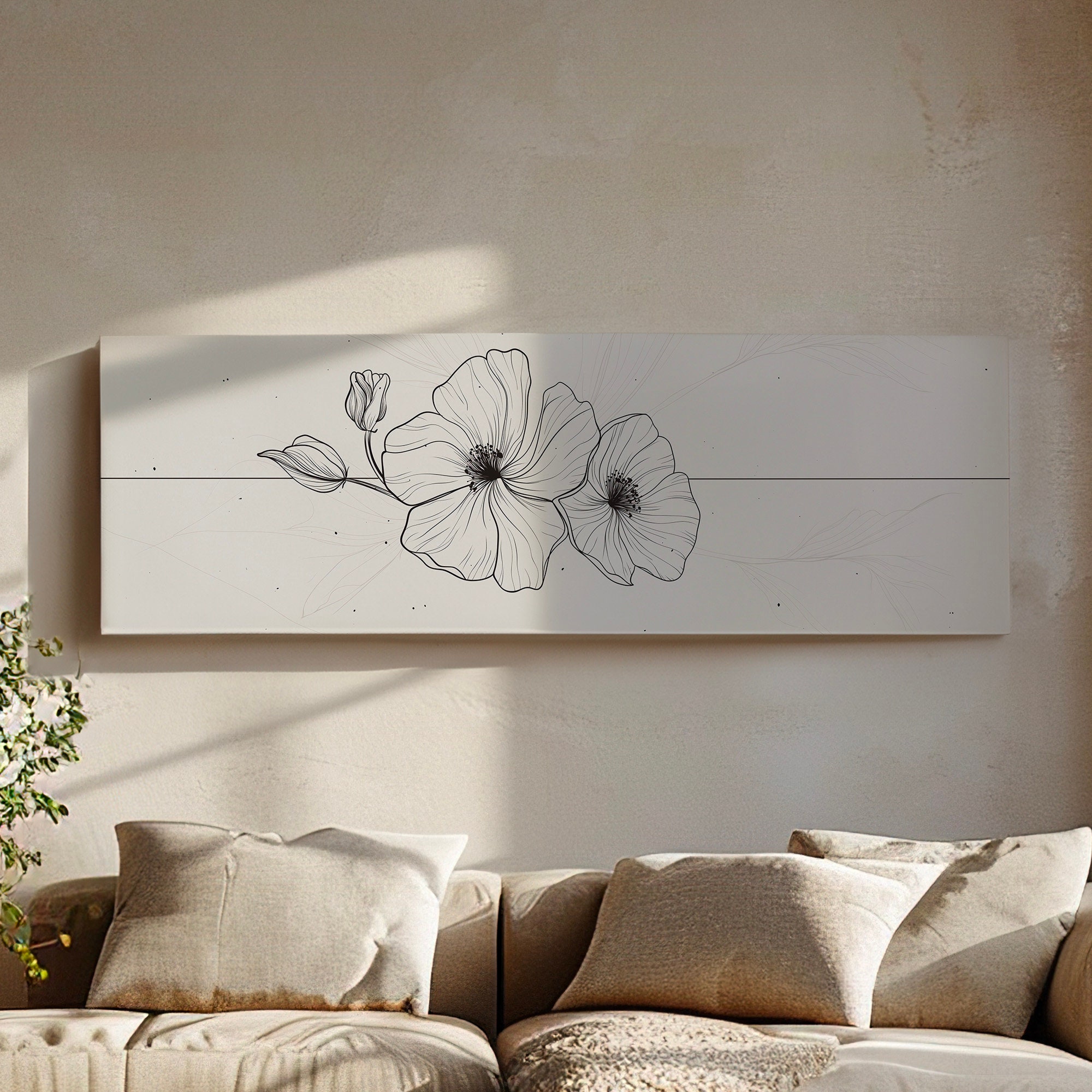 Folral Line Art Above Bed Wall Art Illustration, Panoramic Minimal ...