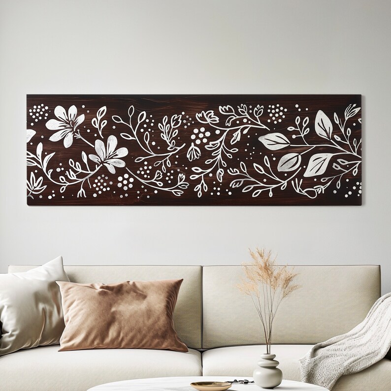 Polka Dot Line Art Above Bed Wall Art Floral, Panoramic Minimal Canvas ...