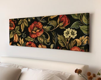 Dark Academia Floral Above Bed Wall Art Farmhouse, Panoramic Tapestry Canvas Print, Vintage Long Horizontal Canvas Art