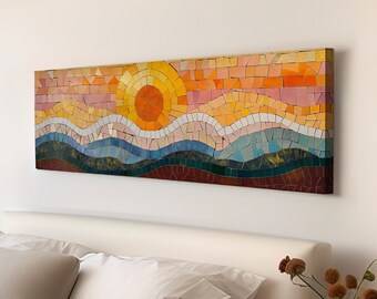 Mosaic Long Horizontal Wall Art For Living Room, Panoramic Seascape Canvas Print, Sunset Decor Canvas Art