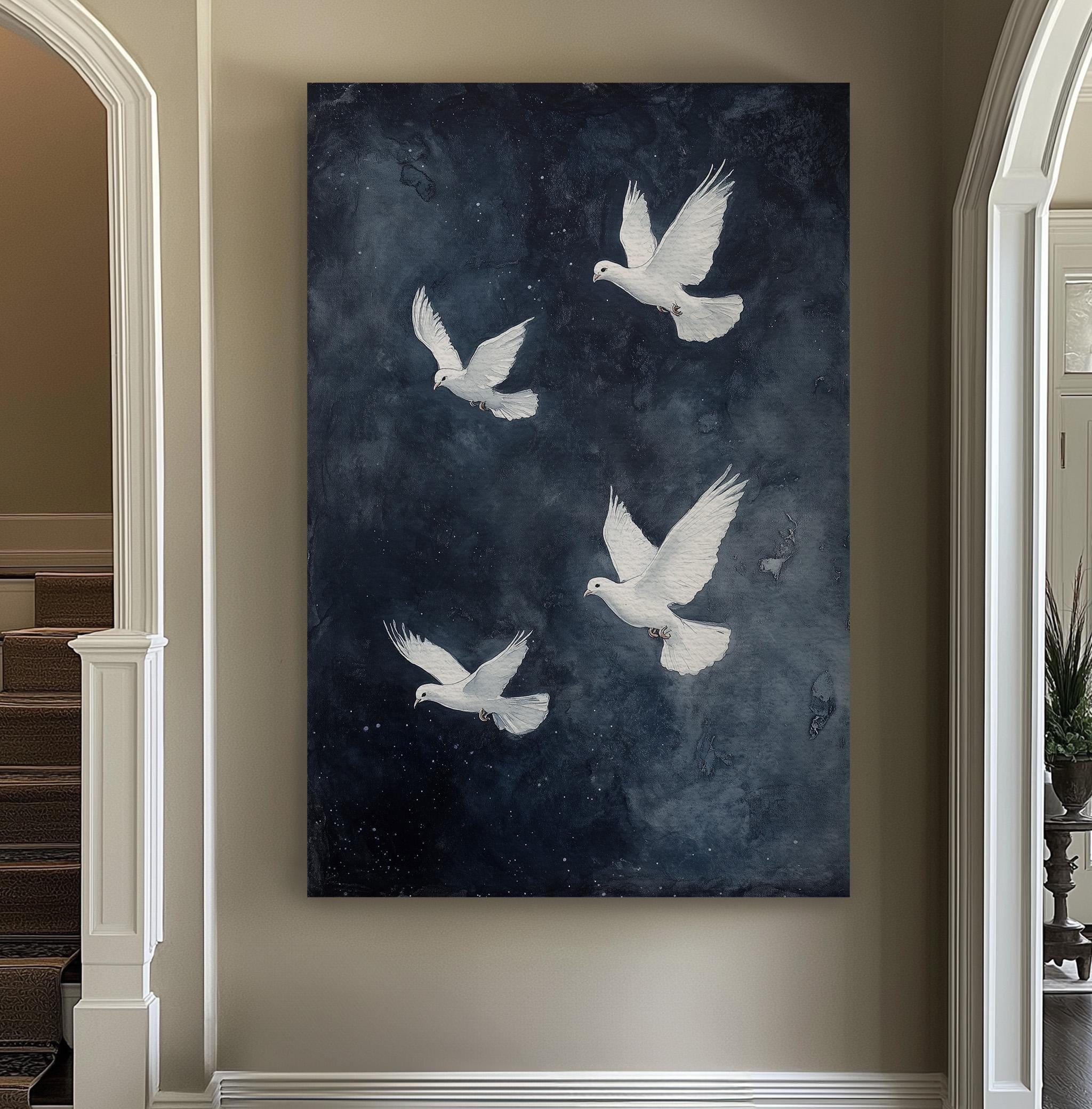 Flock of White Doves Vertical Peaceful Night, Vintage Flying Bird
