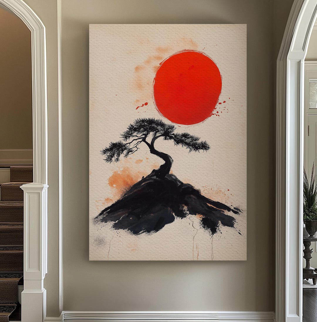 Bonsai on Mountain Vertical Wall Art Japanese, Decor Botanical